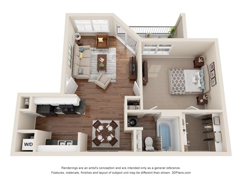 this is a 3d floor plan of a 757 square foot 1 bedroom apartment at the